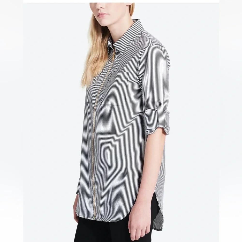 NWOT Calvin Klein Womens Shirt Blouse Top Striped Cotton Zip Front Pockets - Picture 3 of 9